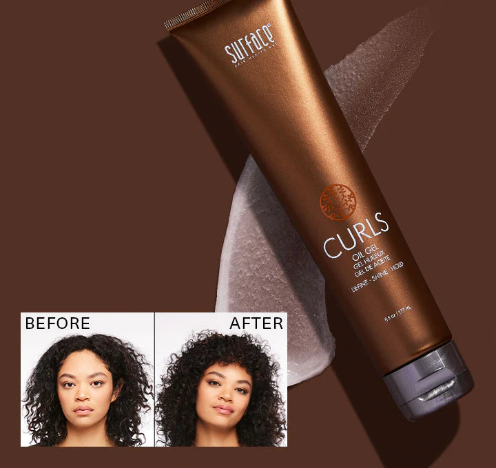 Hair product tube labeled 'Curls' with 'Before' and 'After' hair comparison on a brown background