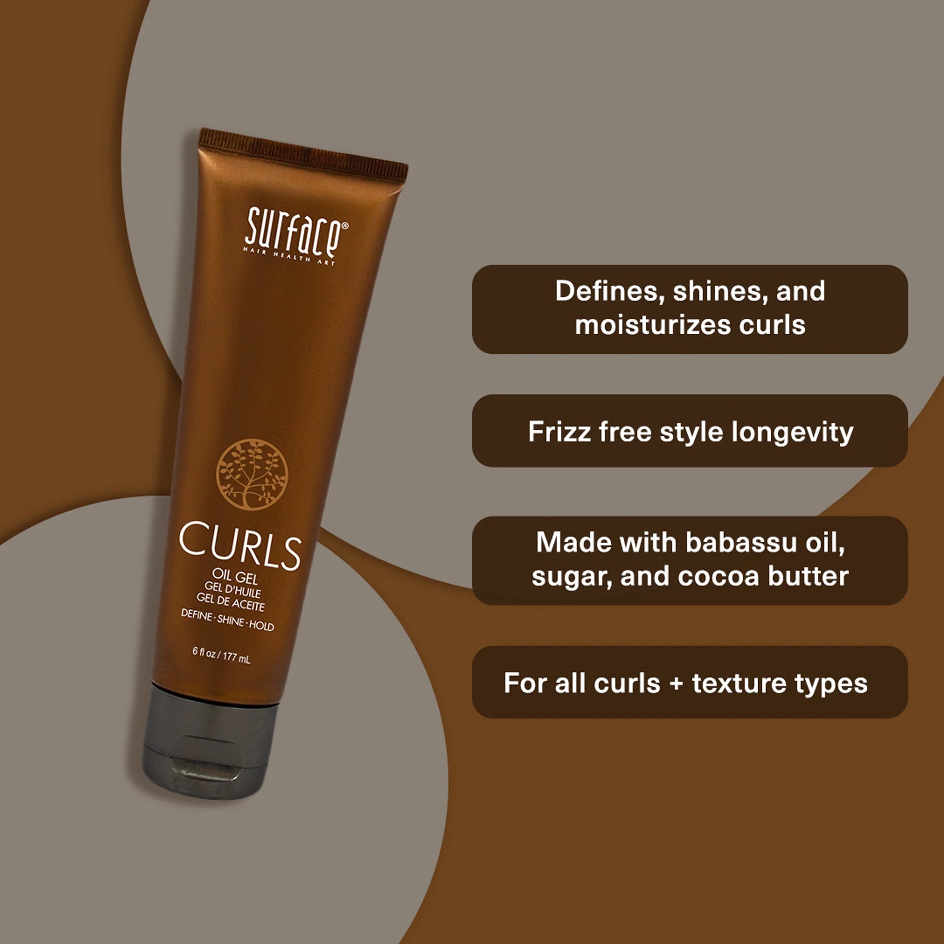 Brown hair care product tube with text on a brown background